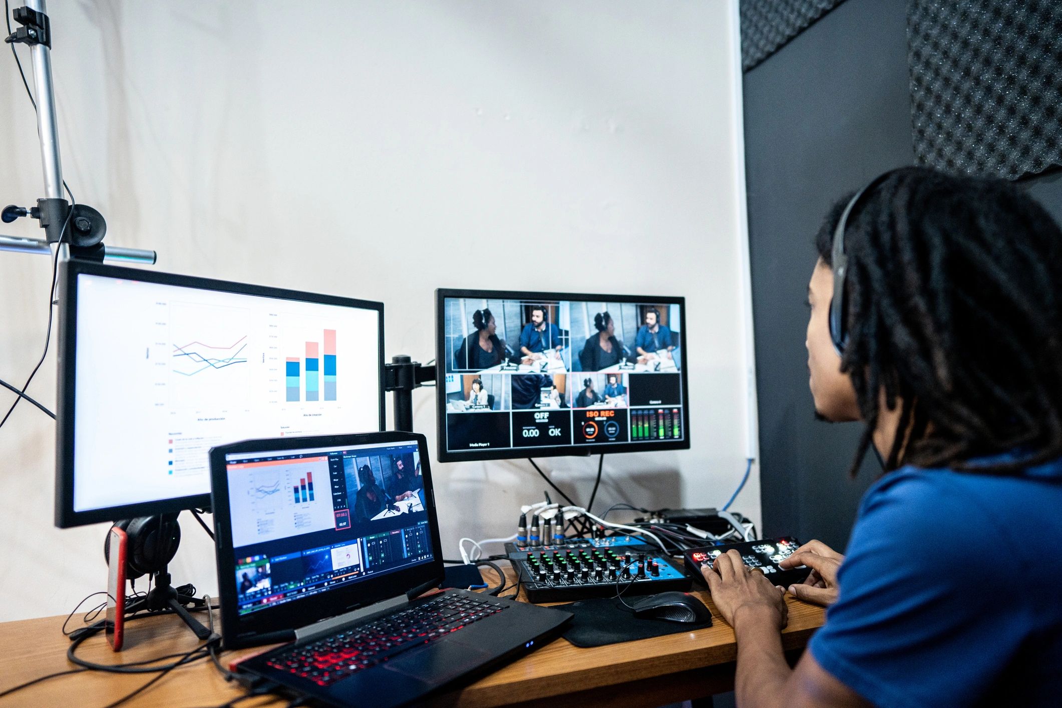 Video editor working behind the scenes